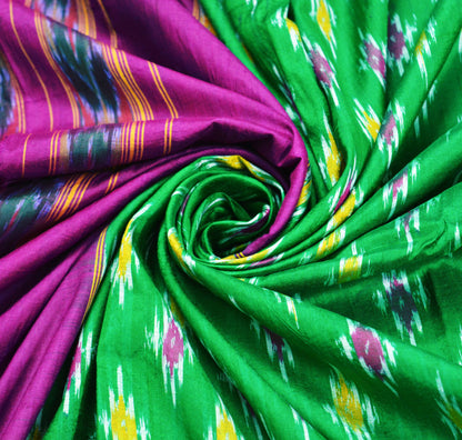 Indian Vintage Green & Purple Pochampally Saree Pure Silk Hand Woven Ikat Patola Indian Sari Fabric 5Yard Craft Ethnic Zari Border