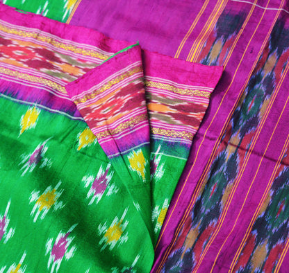 Indian Vintage Green & Purple Pochampally Saree Pure Silk Hand Woven Ikat Patola Indian Sari Fabric 5Yard Craft Ethnic Zari Border