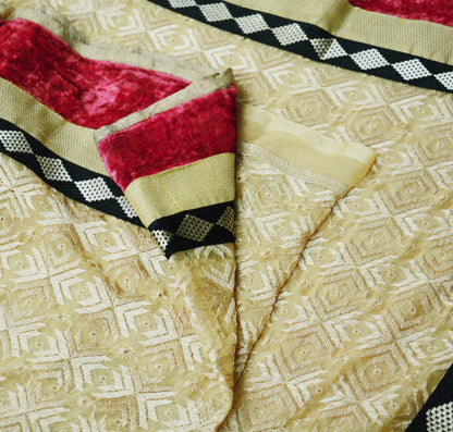 Indian Vintage Beige Sarees Chiffon Embroidered Bagh Phulkari Indian Sari Craft Fabric 5Yard Dress Making Sewing