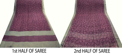 Women Vintage Sari Maroon & White Pure Chiffon Silk Printed Saree Craft Fabric Sewing 5Yd Soft Light Sari Dress Making Floral