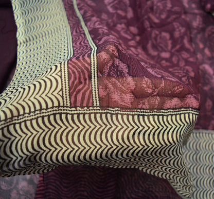 Women Vintage Sari Maroon & White Pure Chiffon Silk Printed Saree Craft Fabric Sewing 5Yd Soft Light Sari Dress Making Floral