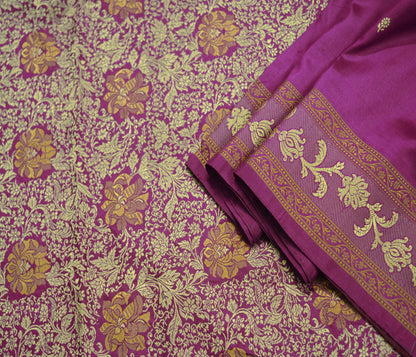 Indian Vintage Sari Purple Pure Silk Hand Woven Sarees Fabric 5Yard Sewing Ethnic Floral