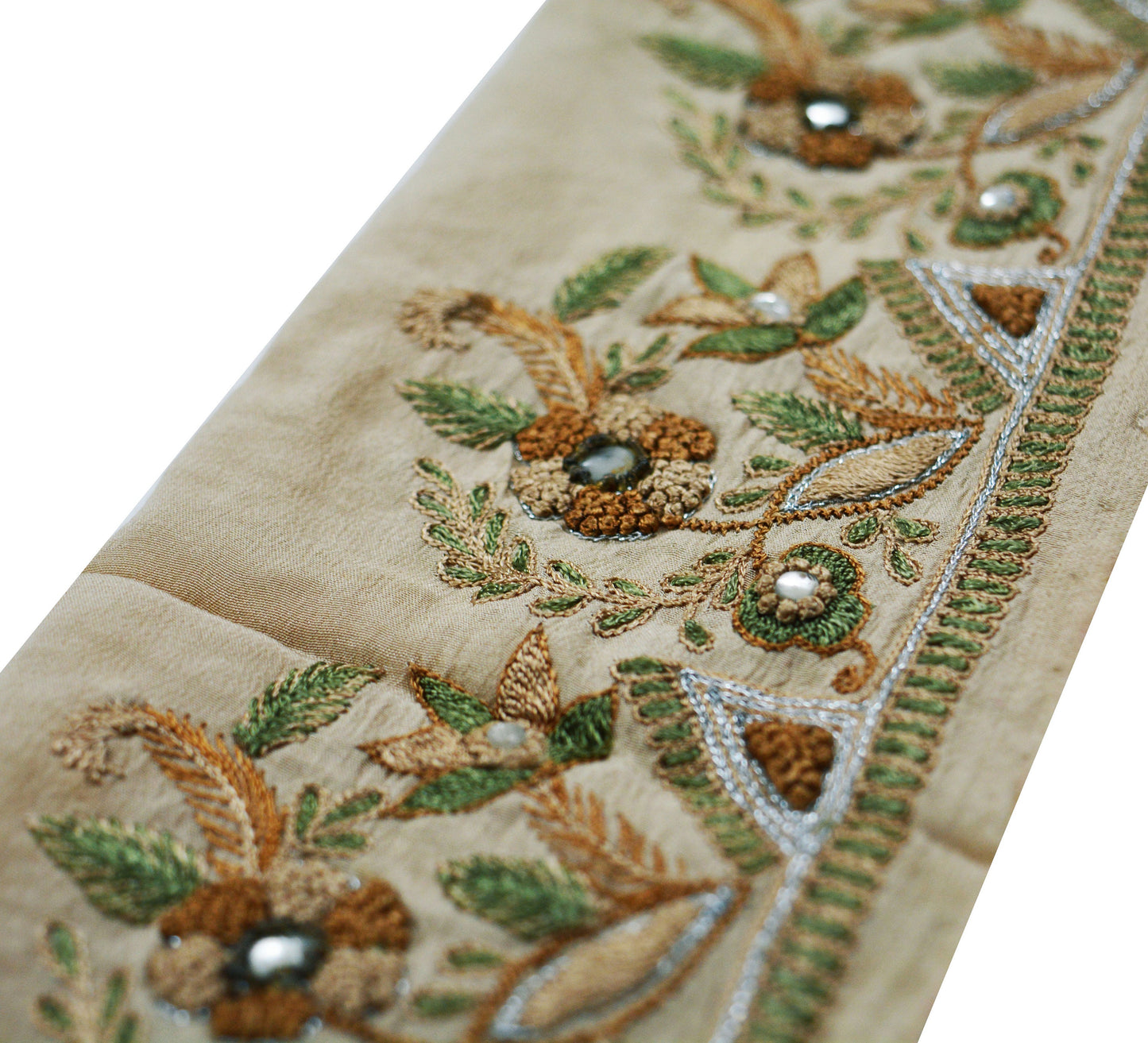 Indian Vintage Beige Sari Border Hand Embroidered Indian Craft Trim Lace Sewing Sari Ribbon Pure Crepe silk  Zardozi/Dabka Zari