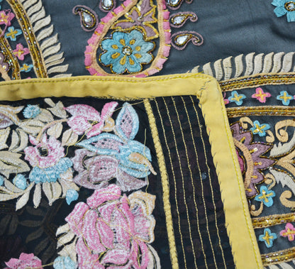 Vintage Black Pure Georgette Silk Hand Embroidered Design Fabric 27"X36" Floral Crafting Quilting Glass Bead