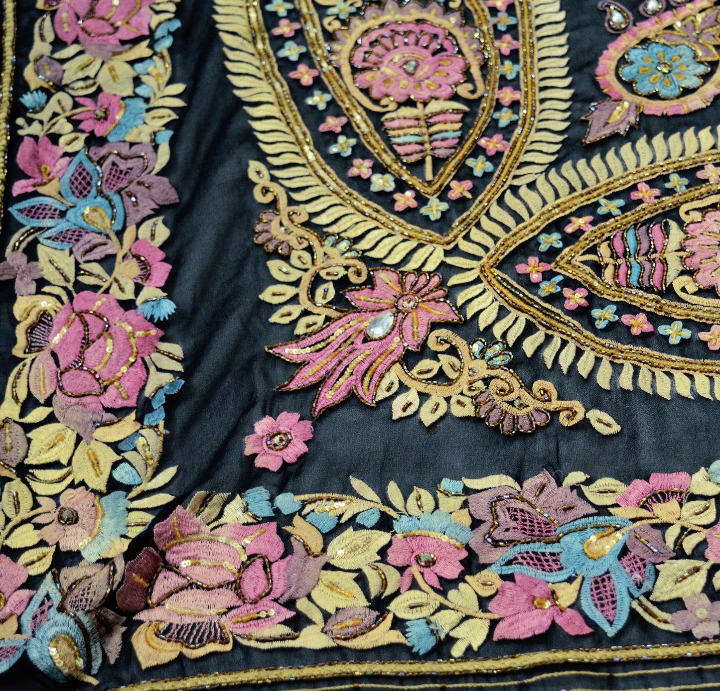 Vintage Black Pure Georgette Silk Hand Embroidered Design Fabric 27"X36" Floral Crafting Quilting Glass Bead