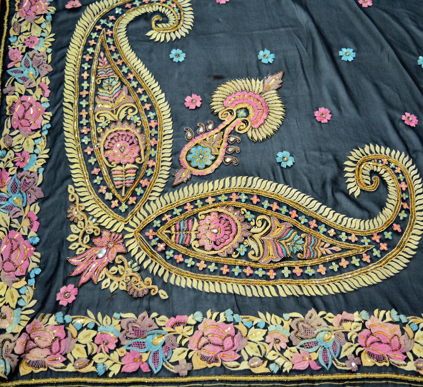 Vintage Black Pure Georgette Silk Hand Embroidered Design Fabric 27"X36" Floral Crafting Quilting Glass Bead