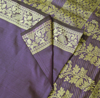 Indian Vintage Heavy Saree Purple Hand Woven 100% Pure Silk Indian Sari Fabric 5Yard Silk Sari Ethnic Floral Ethnic