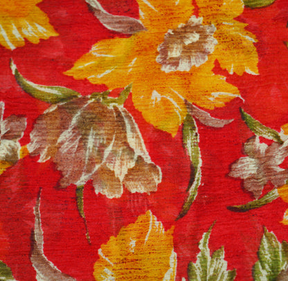 Women Vintage Sari Red Pure Chiffon Silk Printed Saree Craft Fabric Sewing 5Yard Soft Light Sari Dress Making Floral