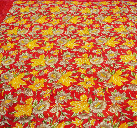Women Vintage Sari Red Pure Chiffon Silk Printed Saree Craft Fabric Sewing 5Yard Soft Light Sari Dress Making Floral