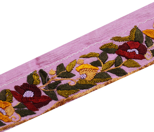 Indian Vintage Pink Sari Border Hand Embroidered Sari Border Indian Craft Trim Lace Sewing Sari Ribbon Recycled Decor Floral