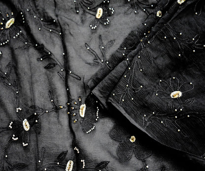Indian Vintage Black Sarees Pure Chiffon Silk Hand Embroidered Indian Sari Fabric Indian Sari 5Yard Dress Making Sewing