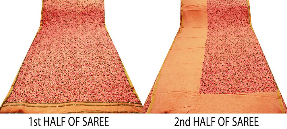 Indian Vintage Peach Saree Pure Crepe Silk Hand Embroidered Indian Sari Fabric 5yard Sewing Soft Craft Ethnic