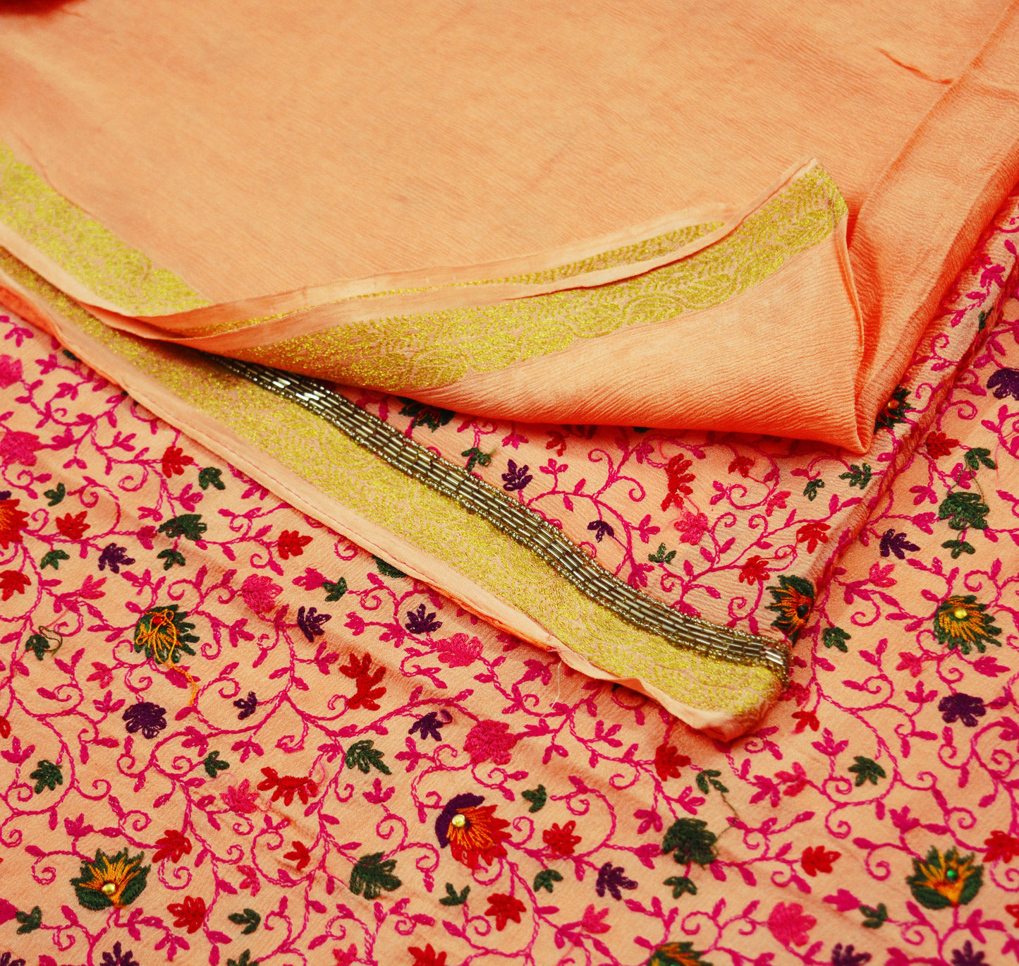 Indian Vintage Peach Saree Pure Crepe Silk Hand Embroidered Indian Sari Fabric 5yard Sewing Soft Craft Ethnic