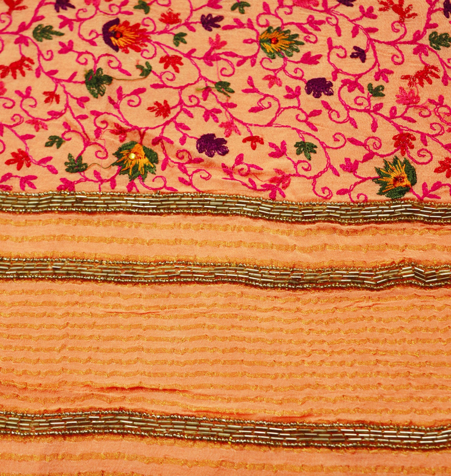 Indian Vintage Peach Saree Pure Crepe Silk Hand Embroidered Indian Sari Fabric 5yard Sewing Soft Craft Ethnic