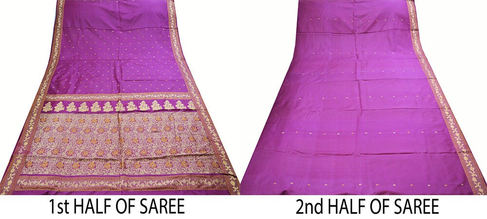 Indian Vintage Sari Purple Pure Silk Hand Woven Sarees Fabric 5Yard Sewing Ethnic Floral