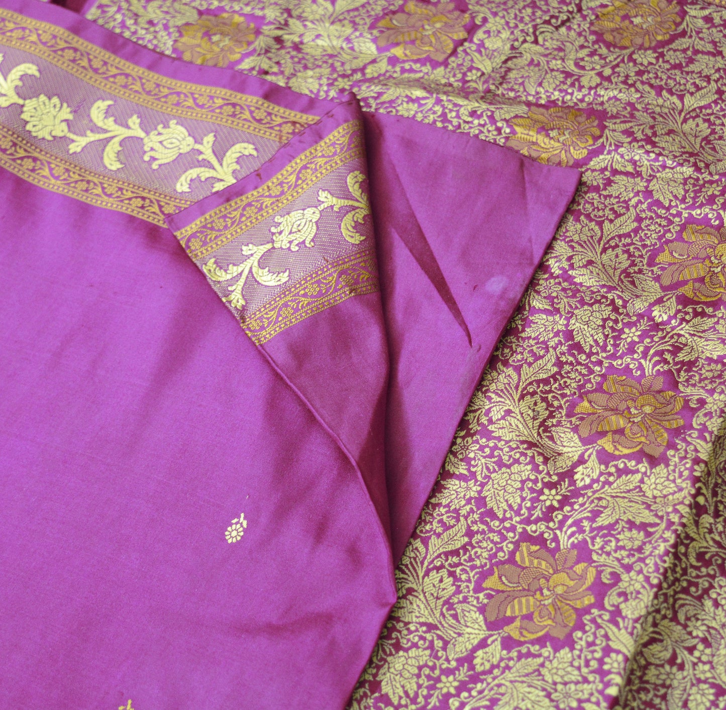 Indian Vintage Sari Purple Pure Silk Hand Woven Sarees Fabric 5Yard Sewing Ethnic Floral