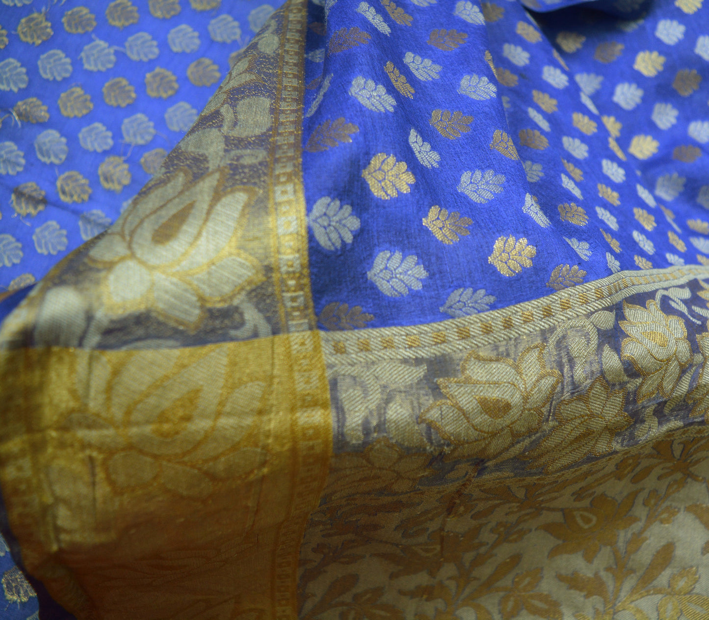 Indian Vintage Sari Blue Pure Tussar Silk Hand Woven Sarees Fabric 5Yard Sewing Ethnic Floral