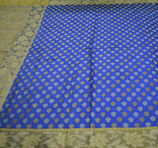 Indian Vintage Sari Blue Pure Tussar Silk Hand Woven Sarees Fabric 5Yard Sewing Ethnic Floral