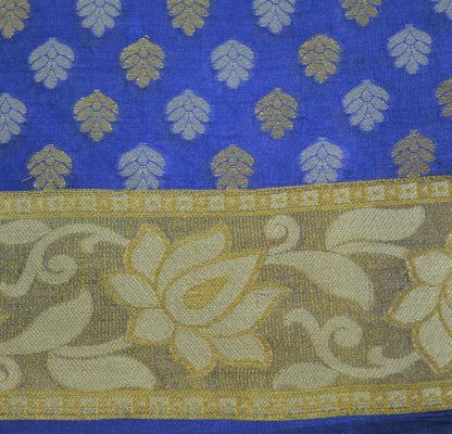 Indian Vintage Sari Blue Pure Tussar Silk Hand Woven Sarees Fabric 5Yard Sewing Ethnic Floral