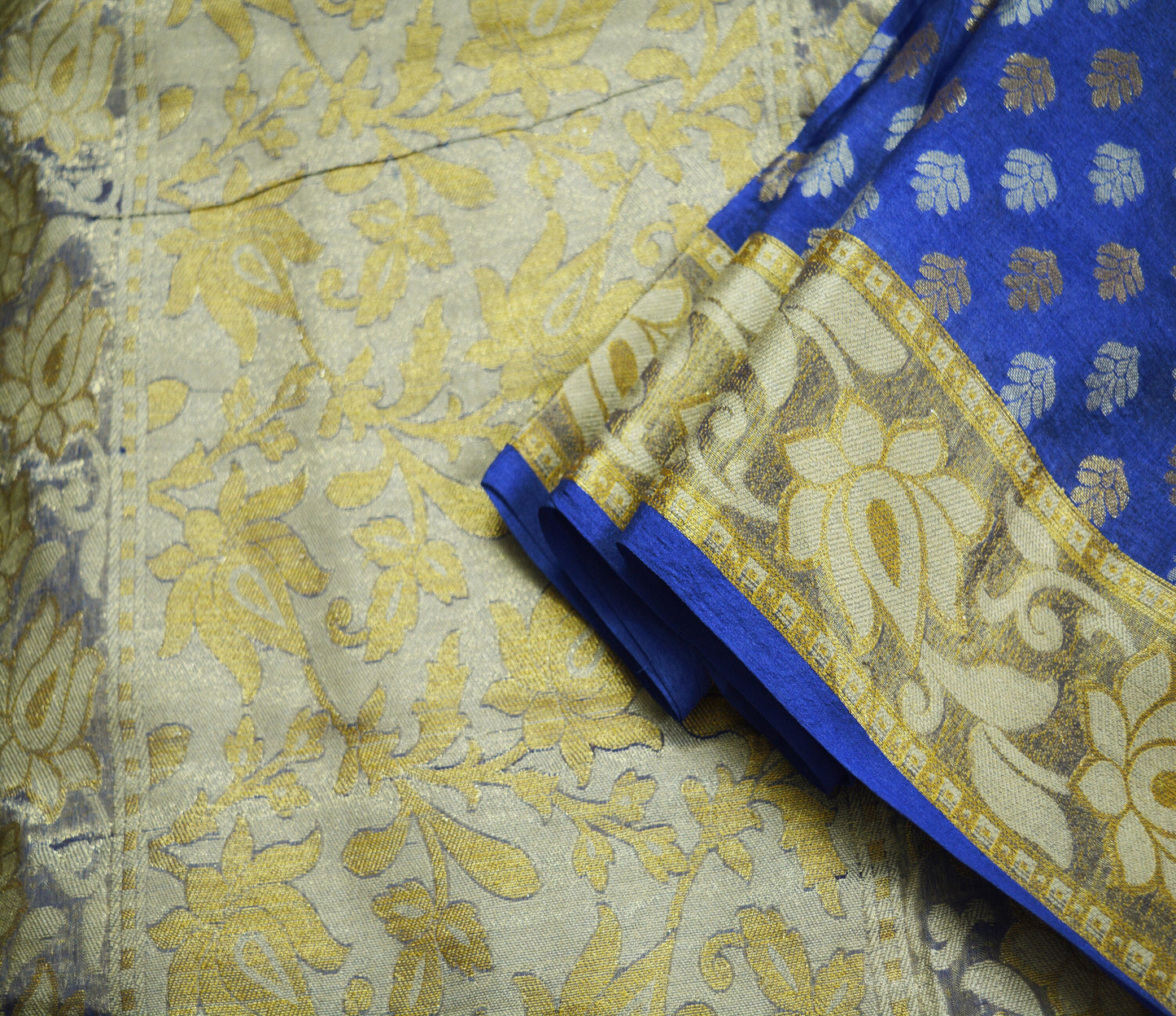 Indian Vintage Sari Blue Pure Tussar Silk Hand Woven Sarees Fabric 5Yard Sewing Ethnic Floral