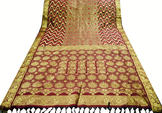 Indian Vintage Heavy Saree Maroon Hand Woven Kanjivaram 100% Pure Silk Indian Sari Fabric 5Yard Ethnic Zari Fringes