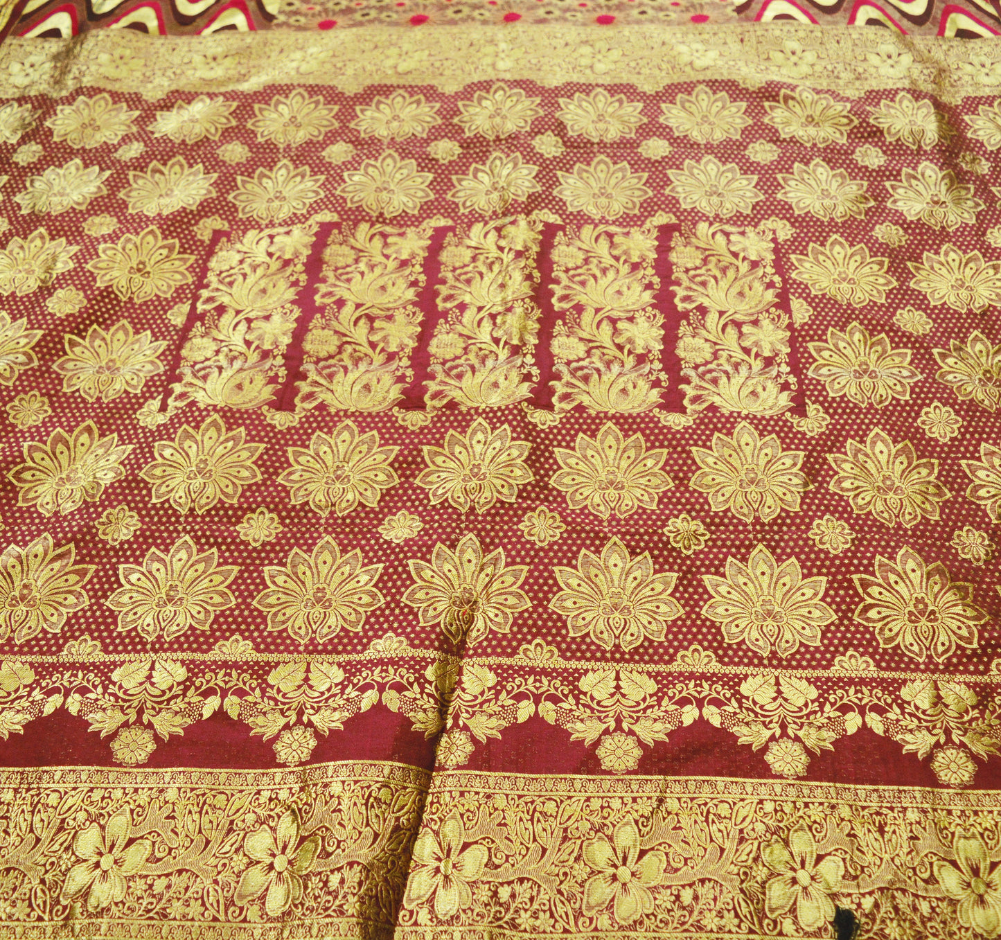 Indian Vintage Heavy Saree Maroon Hand Woven Kanjivaram 100% Pure Silk Indian Sari Fabric 5Yard Ethnic Zari Fringes