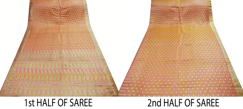 Indian Vintage Sari Heavy Wedding Pure Satin Silk Peach Woven Banarasi Brocade Saree Zari 5Yard