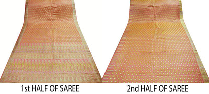 Indian Vintage Sari Heavy Wedding Pure Satin Silk Peach Woven Banarasi Brocade Saree Zari 5Yard