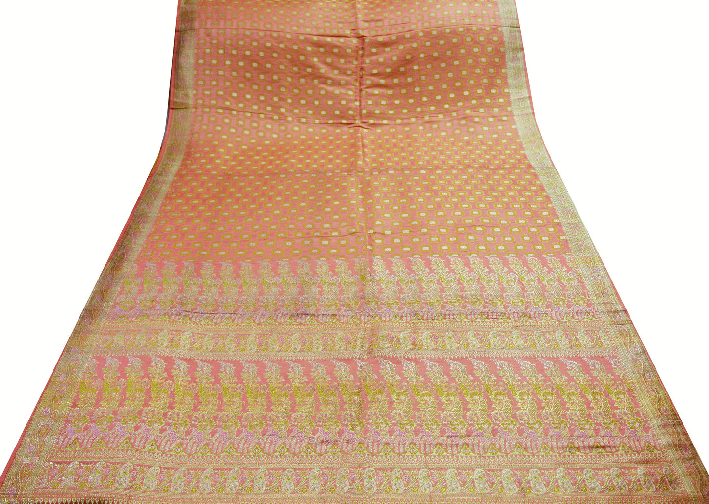 Indian Vintage Sari Heavy Wedding Pure Satin Silk Peach Woven Banarasi Brocade Saree Zari 5Yard