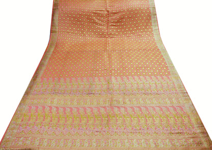 Indian Vintage Sari Heavy Wedding Pure Satin Silk Peach Woven Banarasi Brocade Saree Zari 5Yard