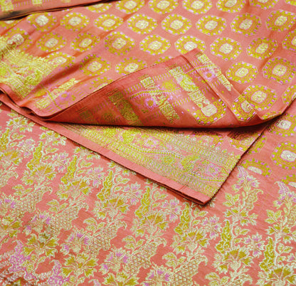 Indian Vintage Sari Heavy Wedding Pure Satin Silk Peach Woven Banarasi Brocade Saree Zari 5Yard