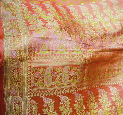 Indian Vintage Sari Heavy Wedding Pure Satin Silk Peach Woven Banarasi Brocade Saree Zari 5Yard