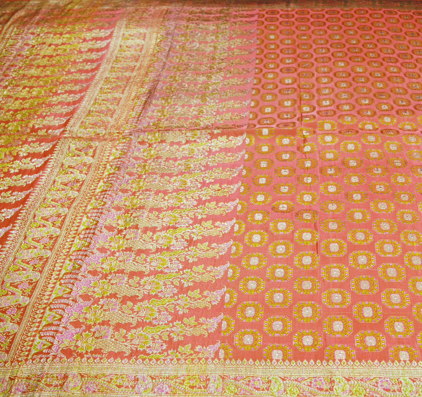 Indian Vintage Sari Heavy Wedding Pure Satin Silk Peach Woven Banarasi Brocade Saree Zari 5Yard