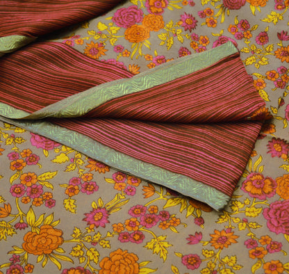 Vintage Sari Brown 100% Pure Silk Printed Saree Fabric 5yard Sewing Floral Soft Dress Designing for Crafting ,Paisley