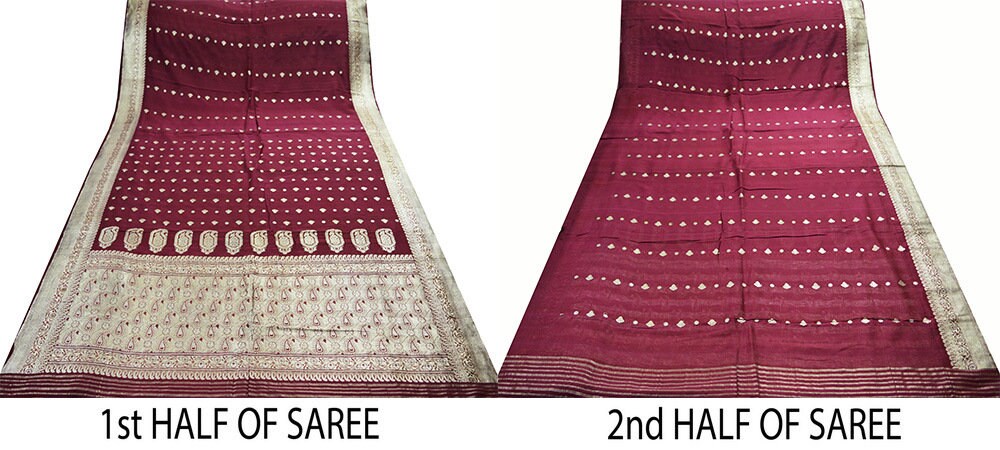 Indian Vintage Sari Dark Red Heavy Wedding Pure Silk Woven Banarasi Brocade Saree Golden Zari 5Yard