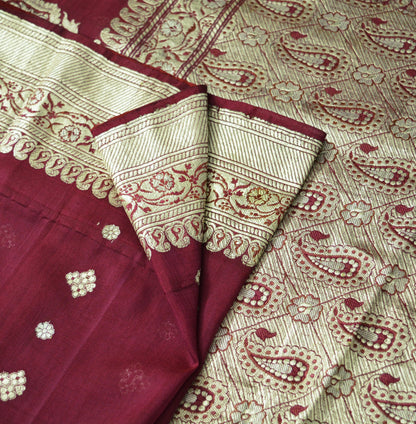 Indian Vintage Sari Dark Red Heavy Wedding Pure Silk Woven Banarasi Brocade Saree Golden Zari 5Yard