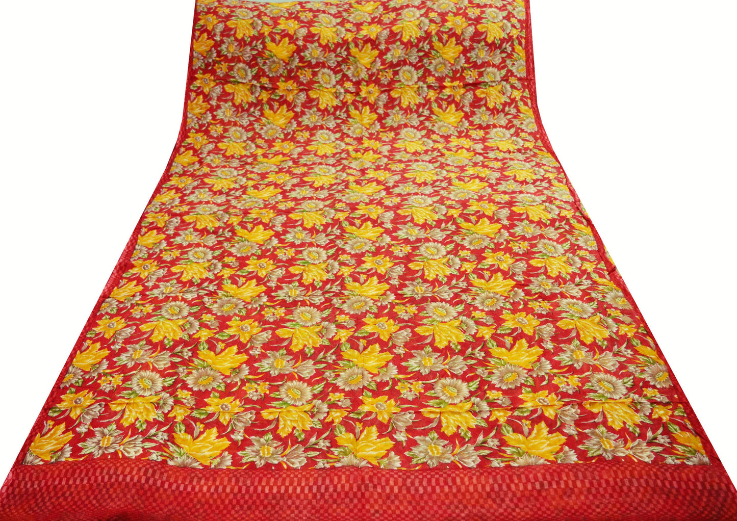 Women Vintage Sari Red Pure Chiffon Silk Printed Saree Craft Fabric Sewing 5Yard Soft Light Sari Dress Making Floral