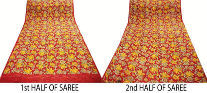 Women Vintage Sari Red Pure Chiffon Silk Printed Saree Craft Fabric Sewing 5Yard Soft Light Sari Dress Making Floral