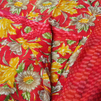 Women Vintage Sari Red Pure Chiffon Silk Printed Saree Craft Fabric Sewing 5Yard Soft Light Sari Dress Making Floral
