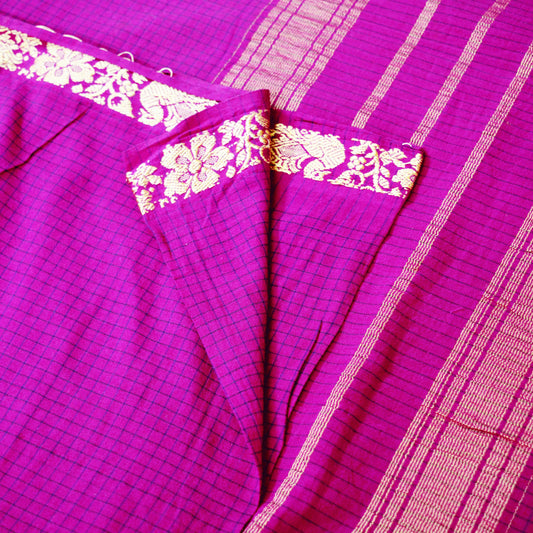 Vintage Sari Purple Pure Cotton Hand Woven Saree Golden Zari 5Yard Soft Floral Golden Zari
