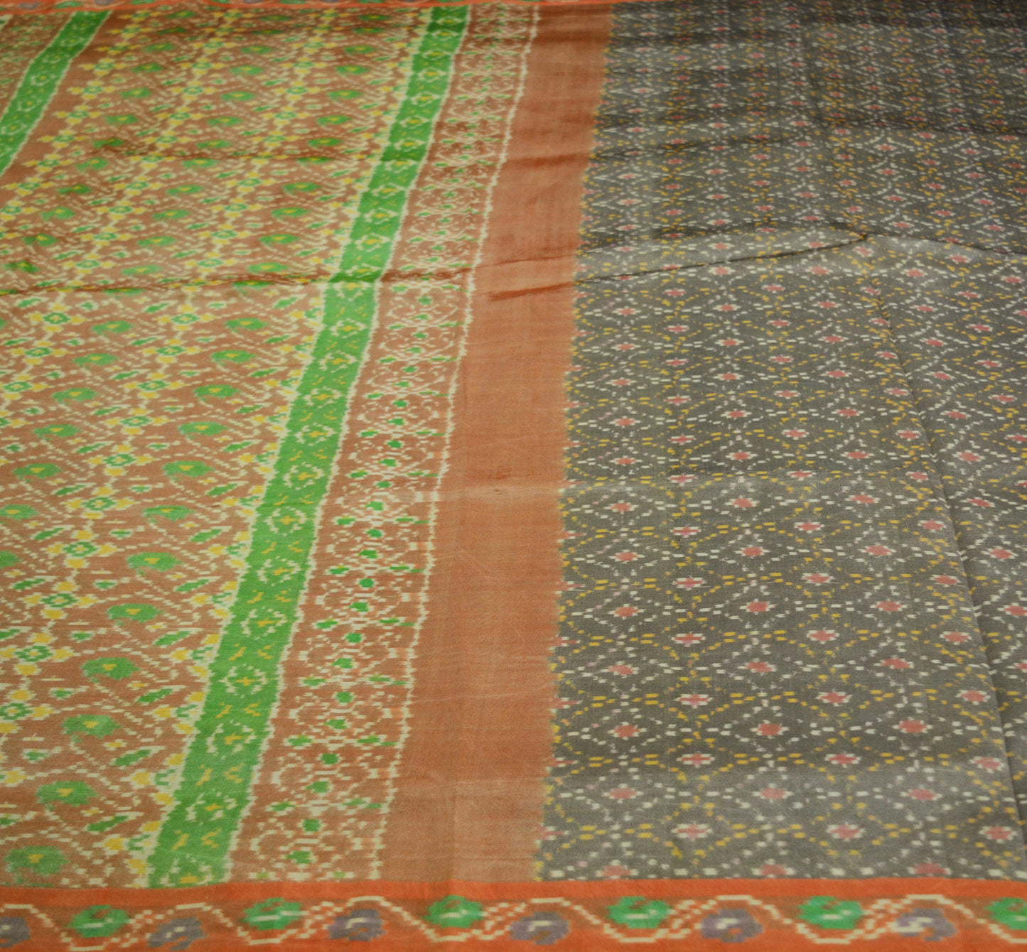 Indian Vintage Orange & Brown Pure Silk Hand Woven Ikat Patola Saree Indian Sari Fabric 5Yard Craft Ethnic Premium Saree