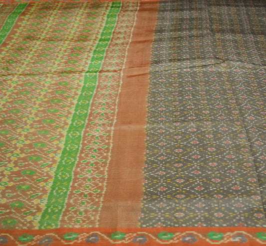 Indian Vintage Orange & Brown Pure Silk Hand Woven Ikat Patola Saree Indian Sari Fabric 5Yard Craft Ethnic Premium Saree