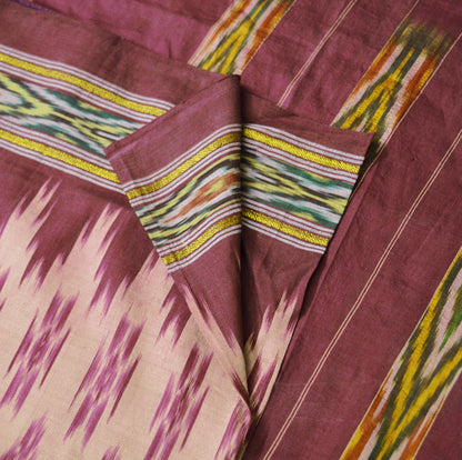 Vintage Brown & Maroon Pochampally Saree Pure Silk Hand Woven Ikat Patola Indian Sari Fabric 5Yard Craft Ethnic Zari Border