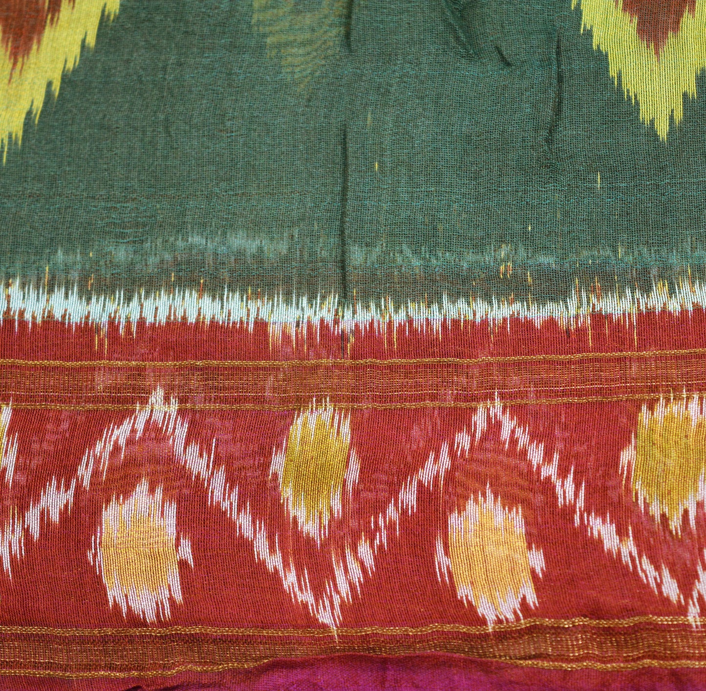 Indian Vintage Green & Maroon Saree Pure Silk Hand Woven Odisha Ikat Patola Indian Sari Fabric 5Yard Zari