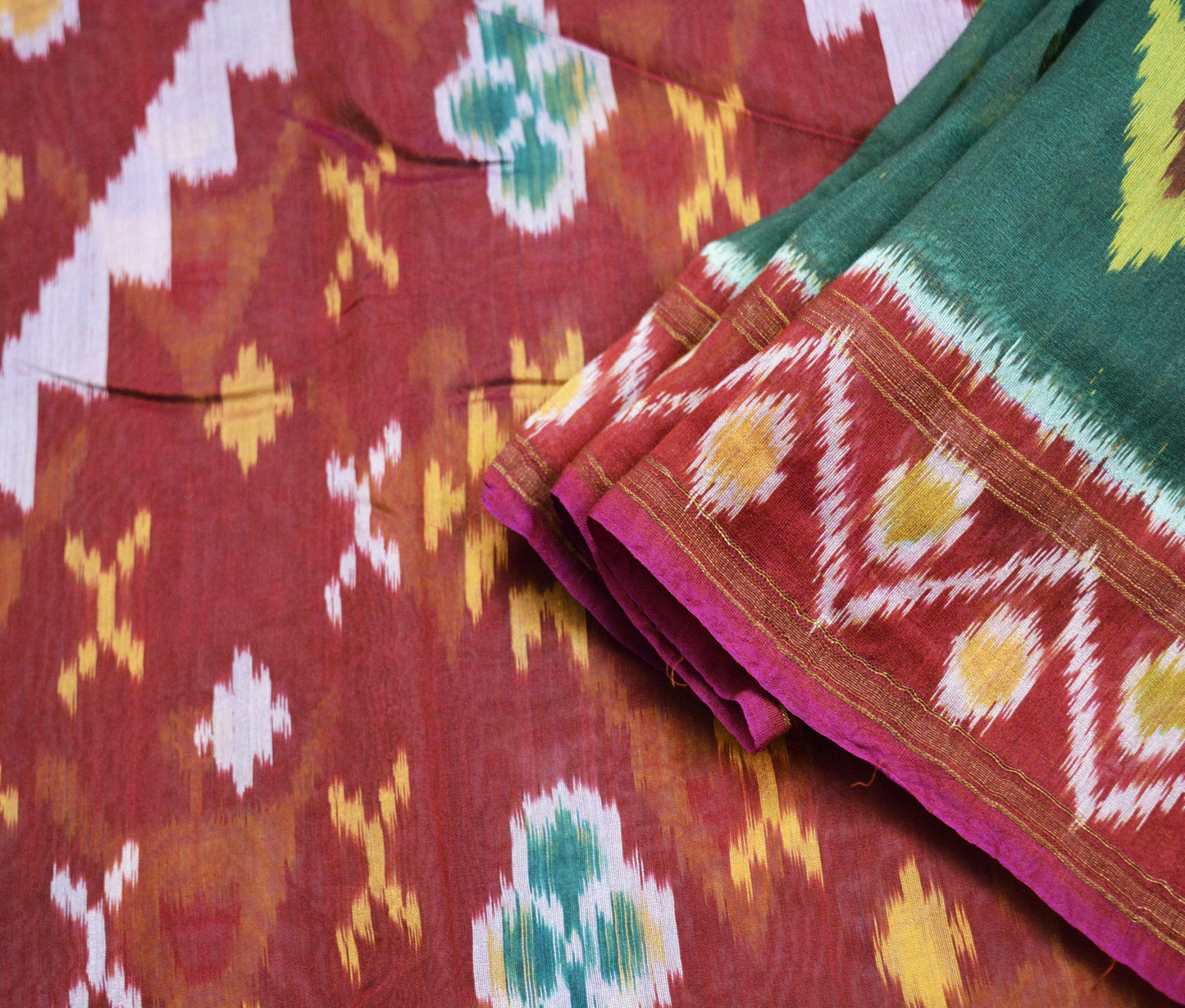 Indian Vintage Green & Maroon Saree Pure Silk Hand Woven Odisha Ikat Patola Indian Sari Fabric 5Yard Zari