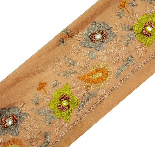 Indian Vintage Peach Sari Border Hand Embroidered Indian Craft Trim Lace Sewing Sari Ribbon Pure Crepe silk  Zardozi/Dabka Zari