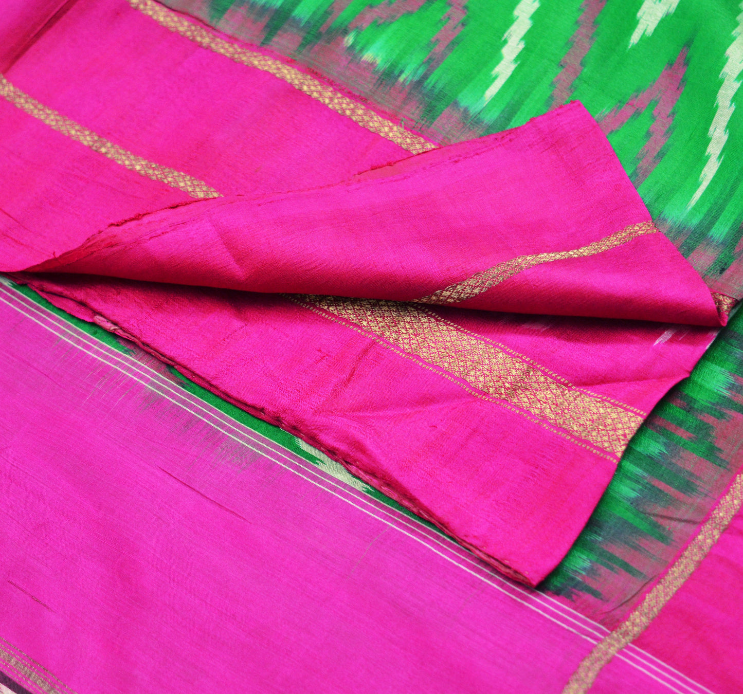 Indian Vintage Green & Pink Saree Pure Silk Patan Patola Hand Woven Ikat Indian Sari Fabric 5Yard Craft Ethnic Zari Border