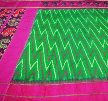 Indian Vintage Green & Pink Saree Pure Silk Patan Patola Hand Woven Ikat Indian Sari Fabric 5Yard Craft Ethnic Zari Border