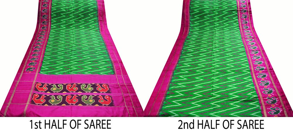 Indian Vintage Green & Pink Saree Pure Silk Patan Patola Hand Woven Ikat Indian Sari Fabric 5Yard Craft Ethnic Zari Border