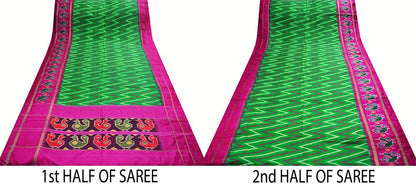 Indian Vintage Green & Pink Saree Pure Silk Patan Patola Hand Woven Ikat Indian Sari Fabric 5Yard Craft Ethnic Zari Border